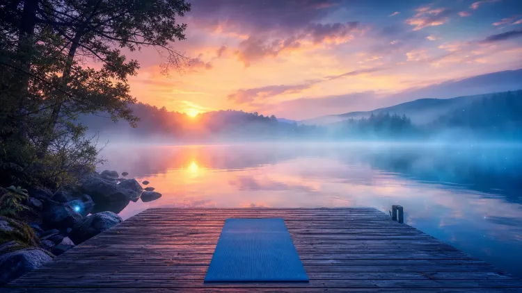 Yoga mat on a wooden dock overlooking a misty lake at sunrise with colorful sky and trees