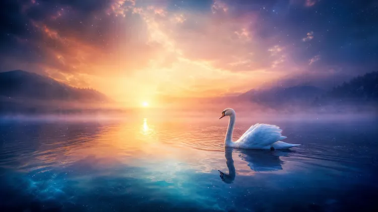 White swan glides on a misty lake at sunrise, with mountains and a vivid orange-blue sky