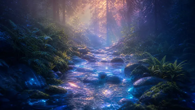Sunbeams illuminate a misty forest stream flowing over mossy rocks and ferns