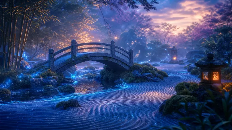 Moonlit Japanese garden with arched bridge, glowing lanterns, raked sand, bamboo, and misty purple sky