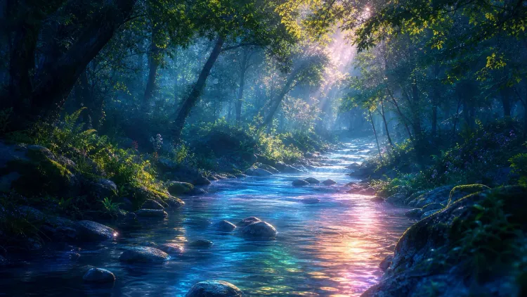 Sunbeams filter through a lush forest, illuminating a shimmering blue stream with rocks and moss