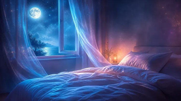 Moonlit bedroom with open window, sheer curtains, glowing lantern, and a cozy bed under starry night sky
