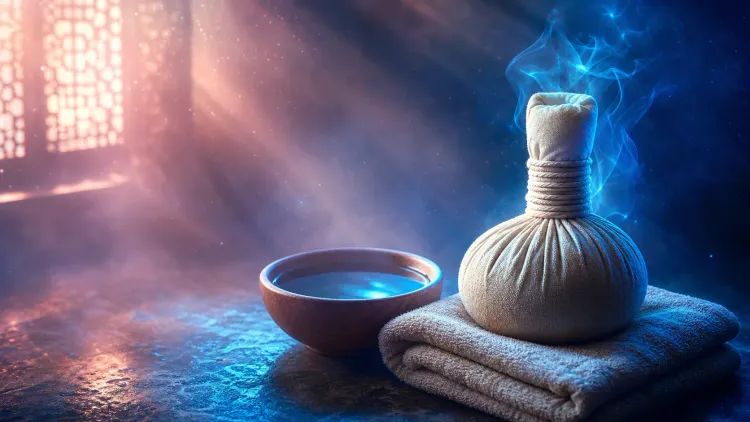 Herbal compress bundle on folded towels beside a bowl, with blue steam and warm window light