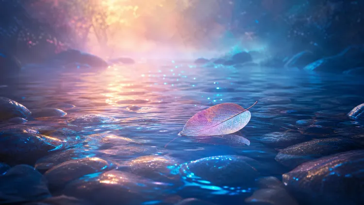 Glowing leaf floats on a misty, bioluminescent stream among smooth stones at sunrise