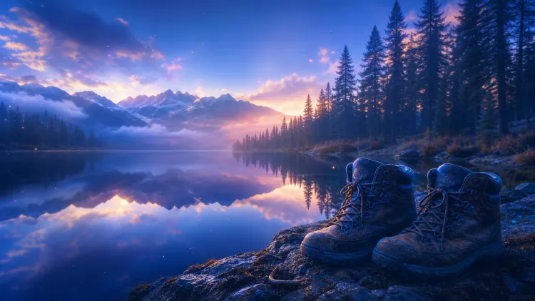 Hiking boots by a tranquil mountain lake at sunset with pine forest and reflected peaks