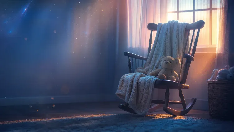 Sunlit nursery with a rocking chair draped in a blanket, teddy bear on the seat, and toy basket by the window