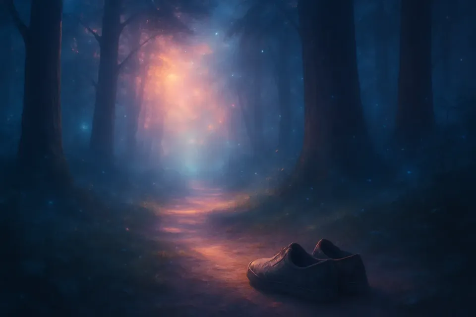 Abandoned shoes on a misty forest path, blue-orange light glowing through trees, eerie and dreamlike
