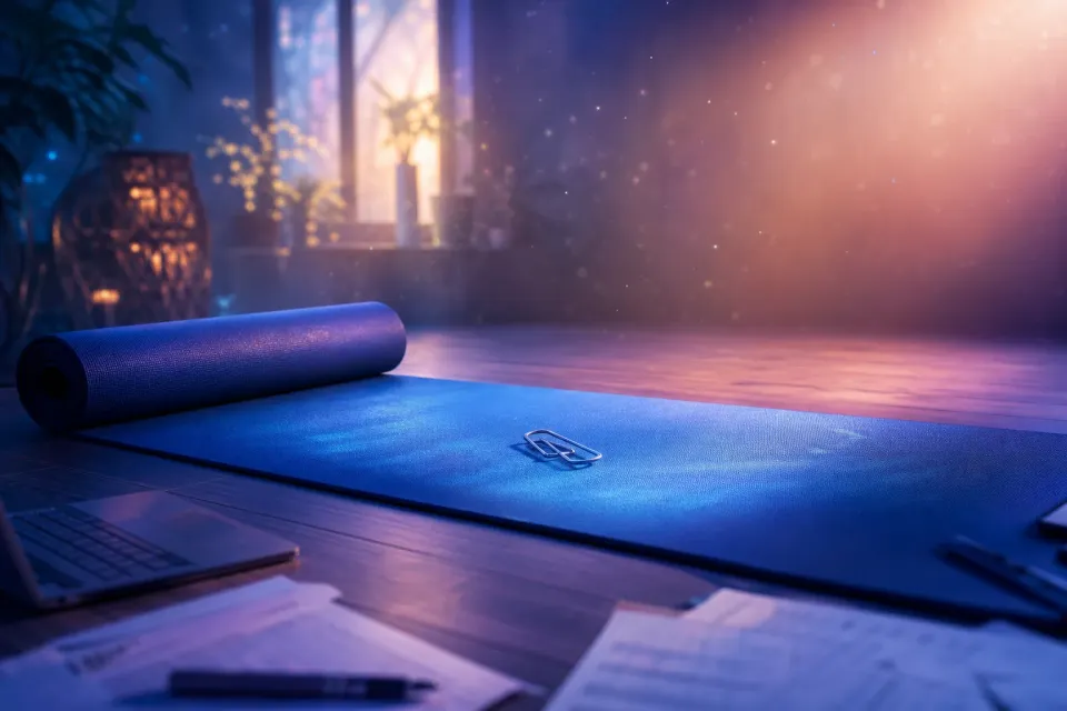 Blue yoga mat on a wooden floor in a softly lit room with laptop, papers, and warm window light