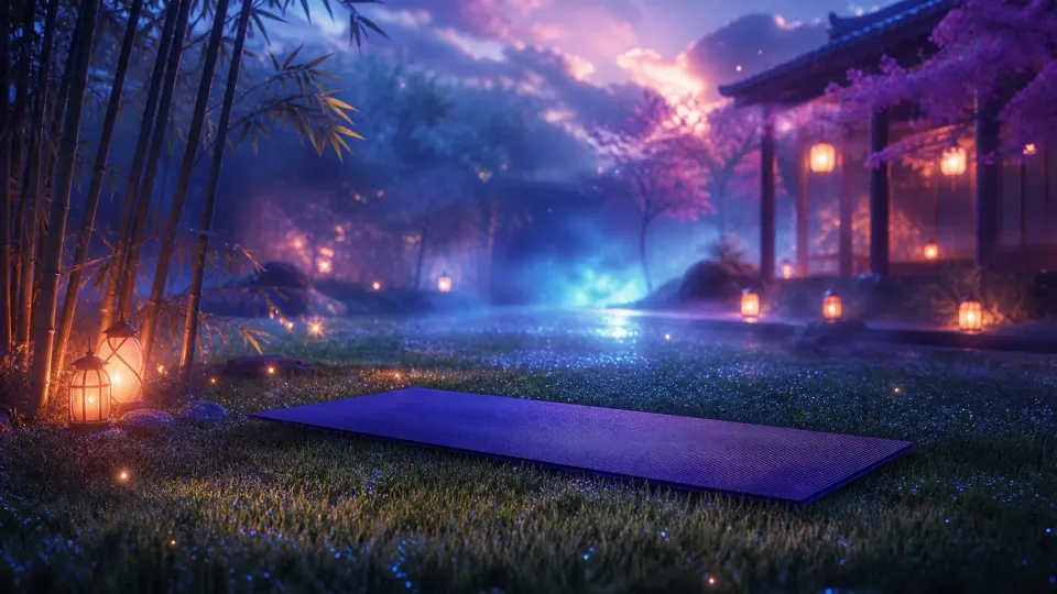 Purple yoga mat in a lantern-lit bamboo garden at dusk beside a Japanese temple and cherry blossoms