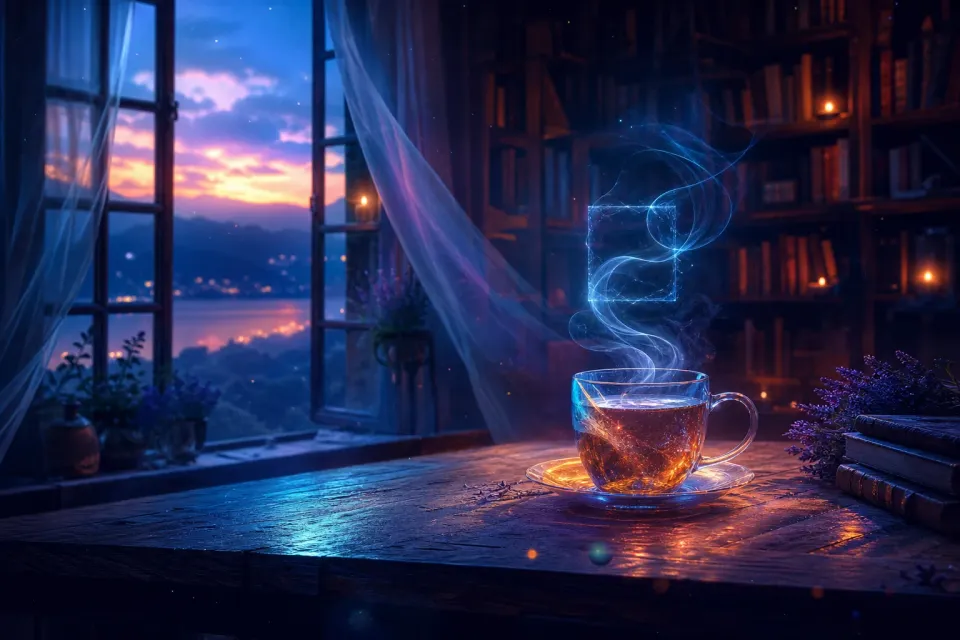 Magical blue steam rises from a glowing teacup on a wooden table in a cozy library at sunset