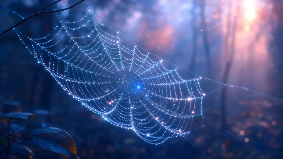 Dew-covered spiderweb glowing blue in a misty forest at sunrise
