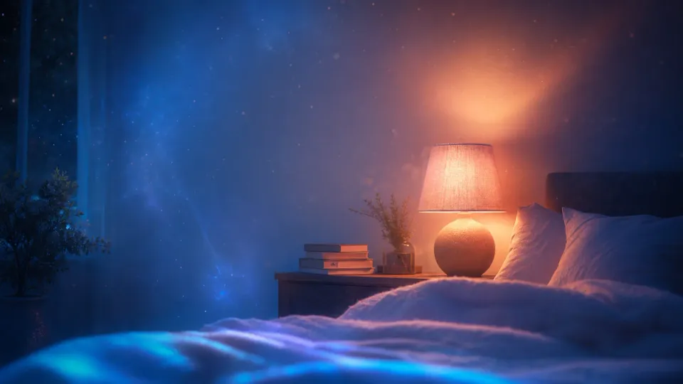 Cozy bedroom at night with a glowing bedside lamp, books, pillows, and starry blue light by the window