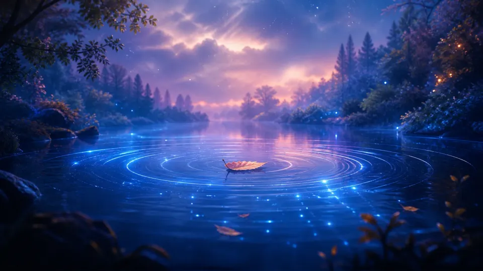 Glowing blue ripples surround a leaf on a moonlit forest lake under a purple dusk sky