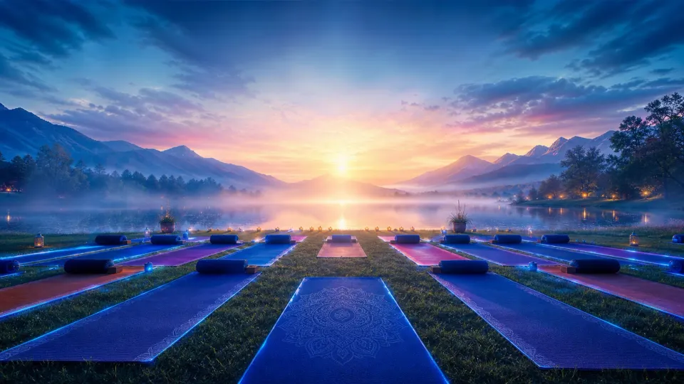 Yoga mats with blue lights face a misty mountain lake at sunrise under a colorful sky
