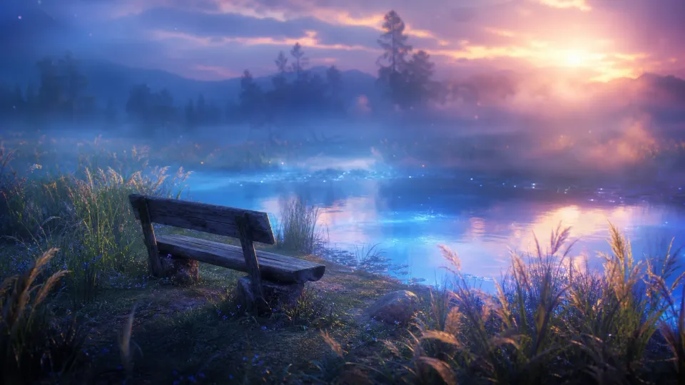 Empty bench beside a misty lakeshore at sunrise, with glowing water, grasses, and distant trees