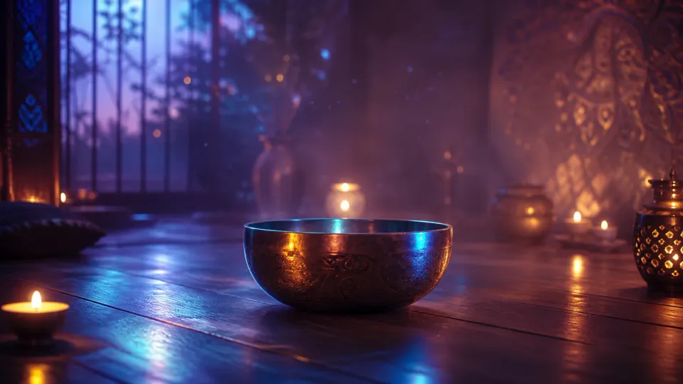 Copper singing bowl on a candlelit wooden floor in a serene, misty meditation room