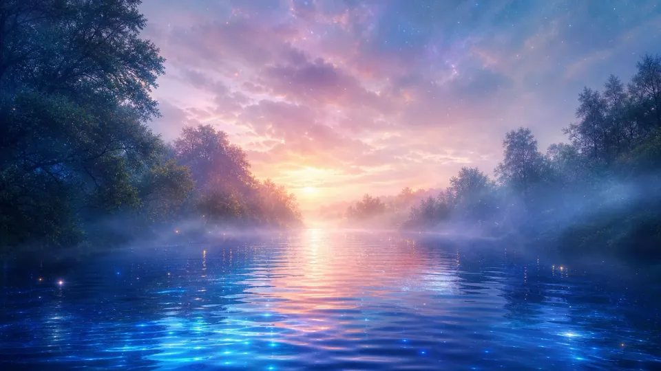 Misty river at sunrise with pink clouds, silhouetted trees, and shimmering blue reflections