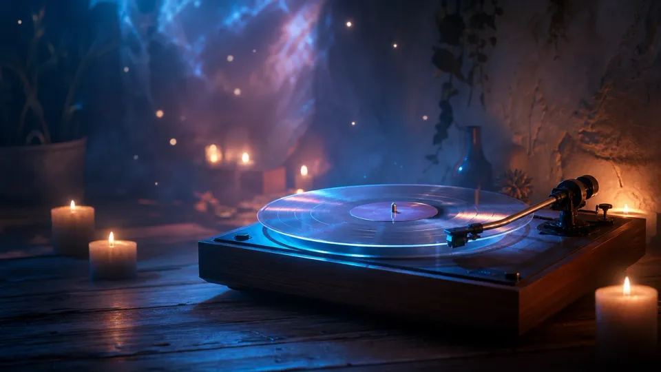 Glowing vinyl record player on a candlelit table with warm lights and blue, smoky ambiance