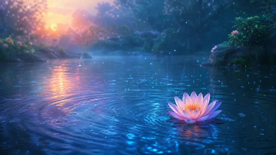 Pink lotus floating on a twilight pond with fireflies and sunset reflections in a lush forest
