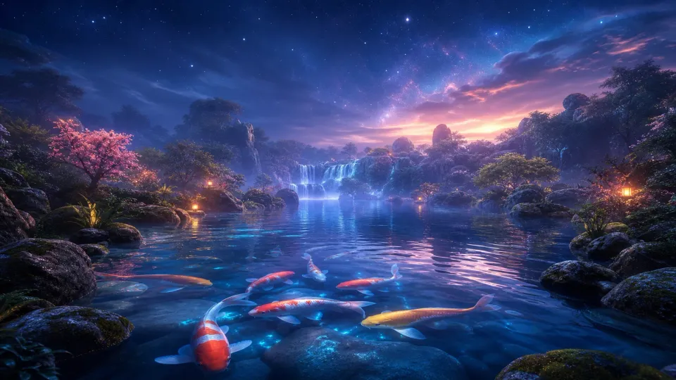 Koi fish swim in a moonlit garden pond with waterfalls, cherry blossoms, lanterns, and a starry sunset sky