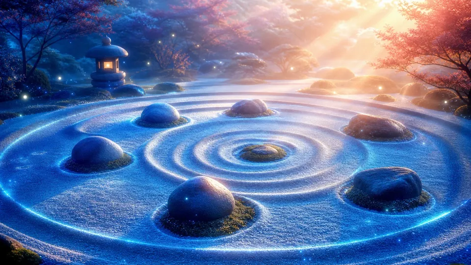 Glowing zen rock garden with spiral sand patterns, stones, lantern, and sunrise in a tranquil scene