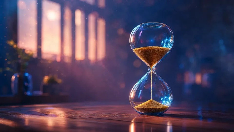 Glowing hourglass with golden sand on a table in a moody, blurred room at sunset