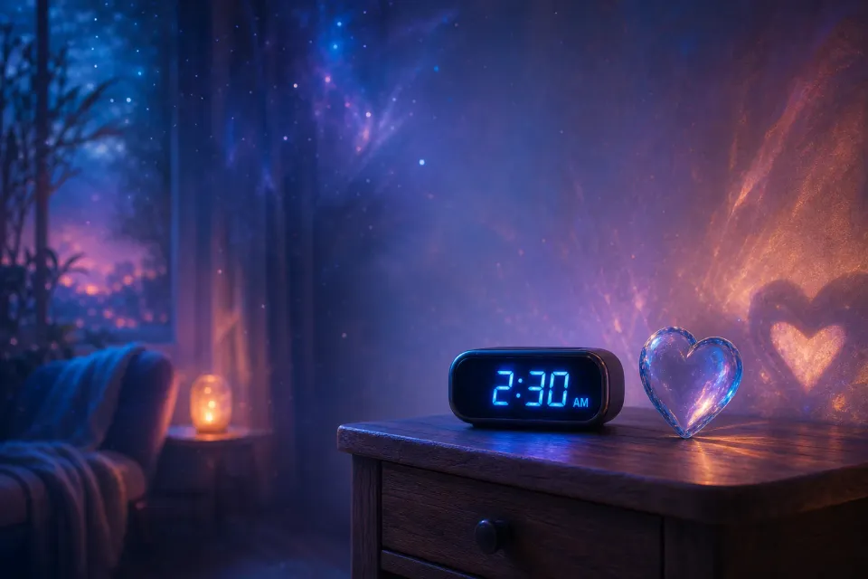 Digital alarm clock reading 2:30 AM on a bedside table with a glowing heart and starry night window