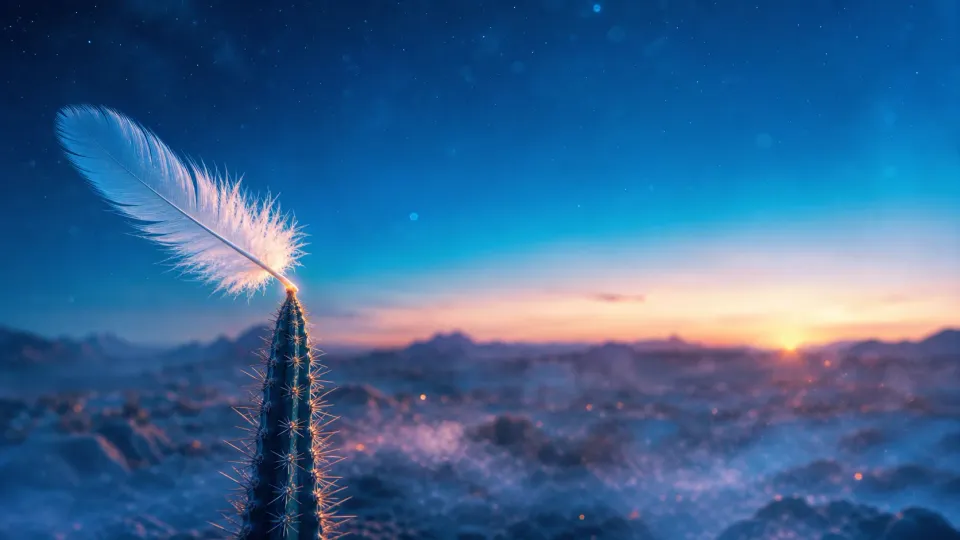 Feather caught on a cactus spine at sunrise over a snowy desert landscape