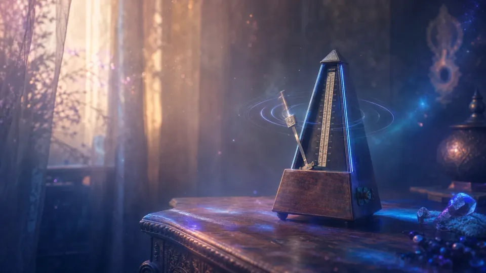 Glowing metronome on an ornate table in a dreamy, sunlit room with blue magical light