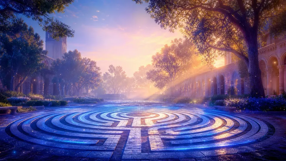 Sunrise illuminates a wet stone labyrinth in a tree-lined garden with flowers and arched buildings