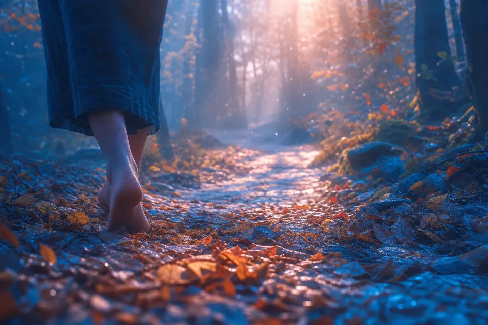 Bare feet walk along a leaf-strewn forest path in warm morning sunlight