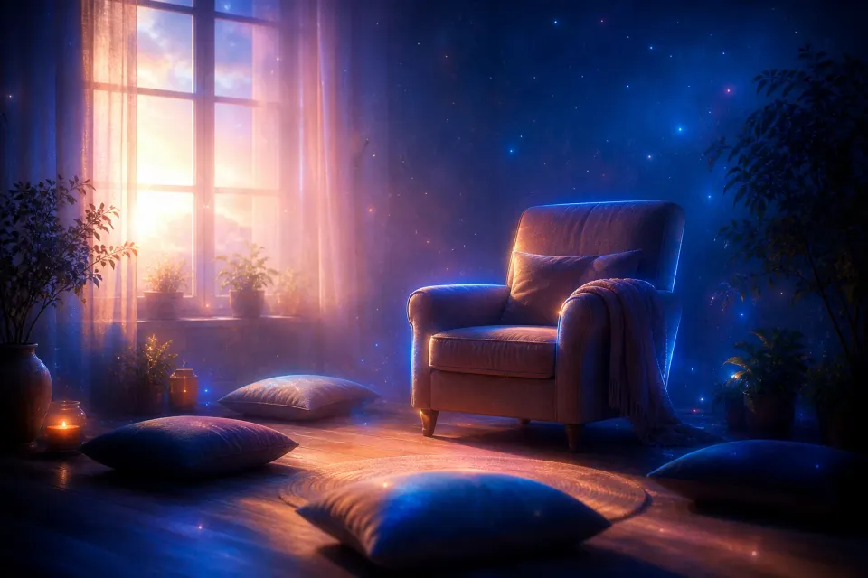 Cozy armchair by a glowing window under a starry night sky, with cushions, plants, and warm candlelight