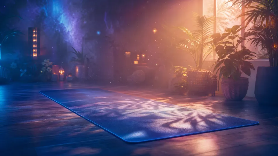 Yoga mat on a wooden floor in a plant-filled room, lit by warm sunrise and blue-purple glow