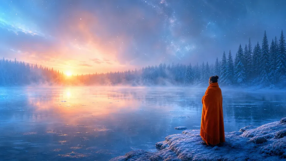 Person in orange cloak watches sunrise over a misty frozen lake and snowy pine forest under a starry sky