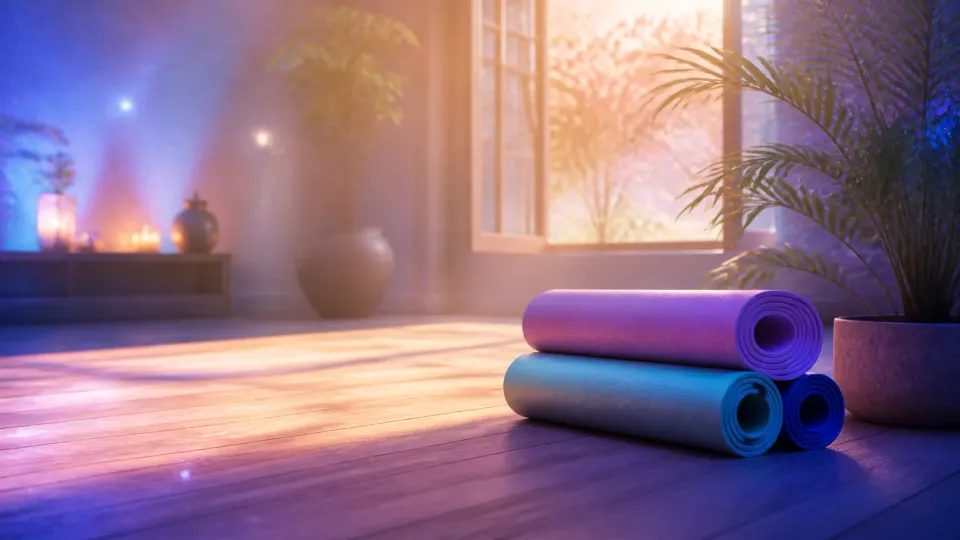 Rolled yoga mats on a sunlit studio floor beside plants in a calm, misty meditation space