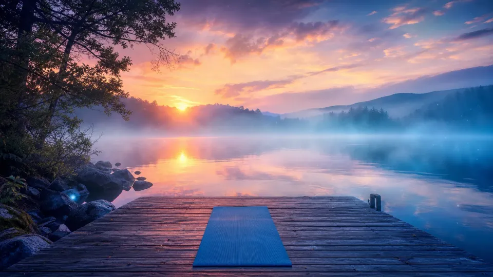 Yoga mat on a wooden dock overlooking a misty lake at sunrise with colorful sky and trees