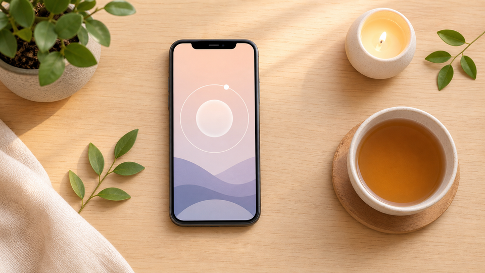 Smartphone with calming meditation graphic beside tea, candle, and plants on a wooden table