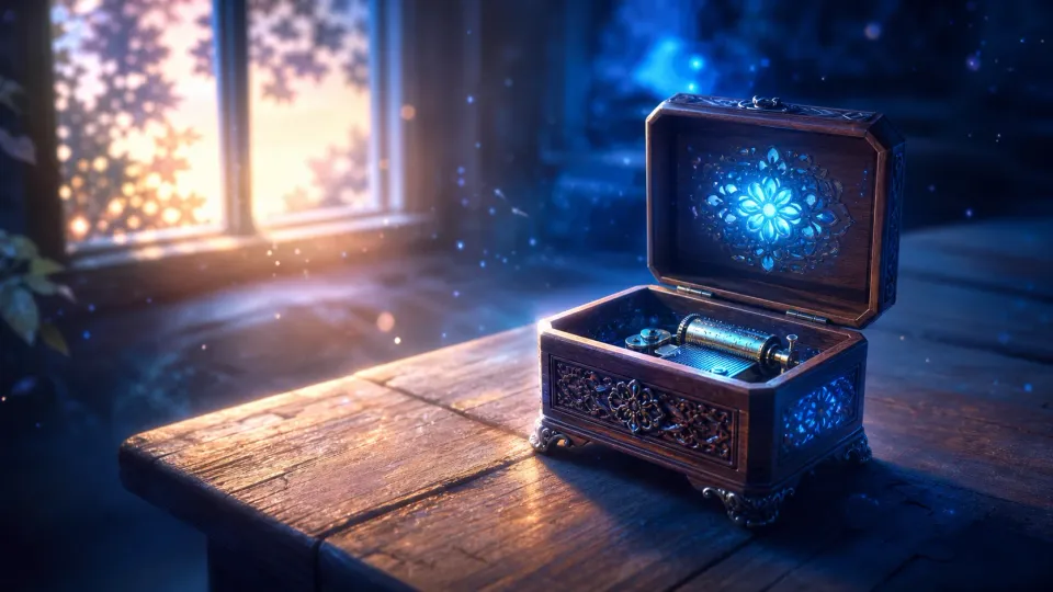 Glowing blue music box on a wooden table by a sunlit window, casting magical sparkles