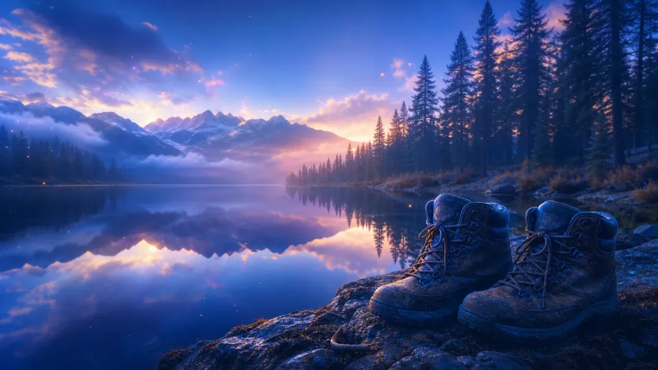 Hiking boots by a tranquil mountain lake at sunset with pine forest and reflected peaks
