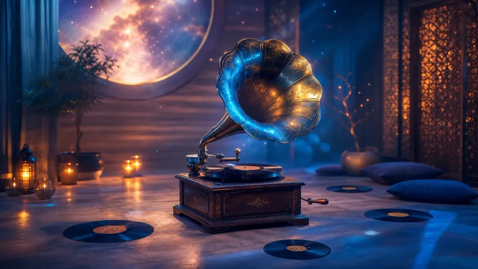 Antique gramophone playing records in a moonlit room with candles, cushions, and a glowing window