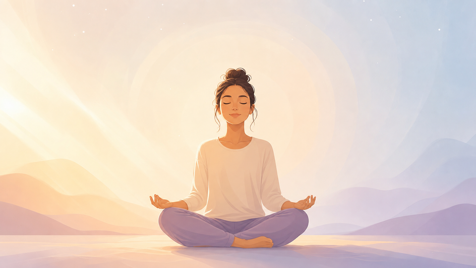 Woman meditating cross-legged at sunrise in a serene pastel mountain landscape