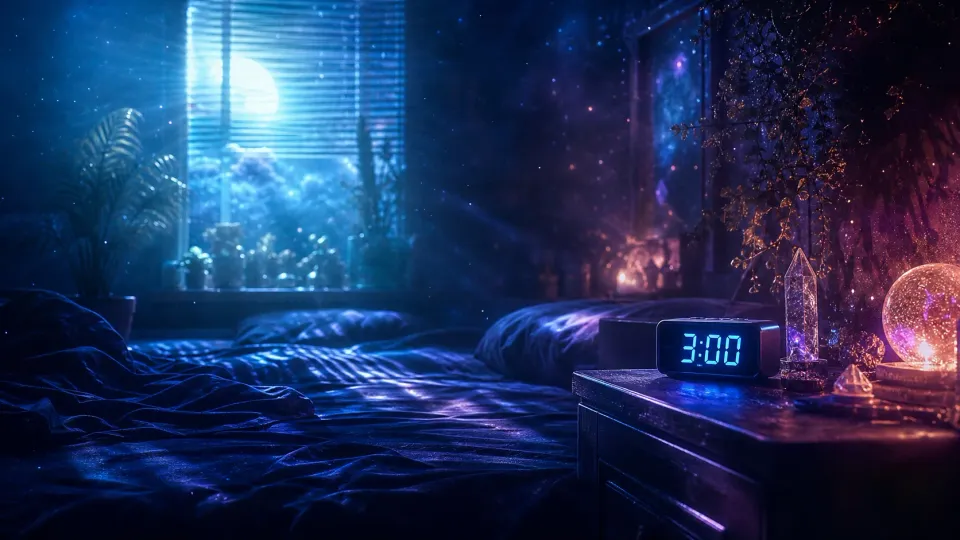 Neon-lit bedroom at 3:00 with moonlit window, rumpled bed, plants, and glowing decor