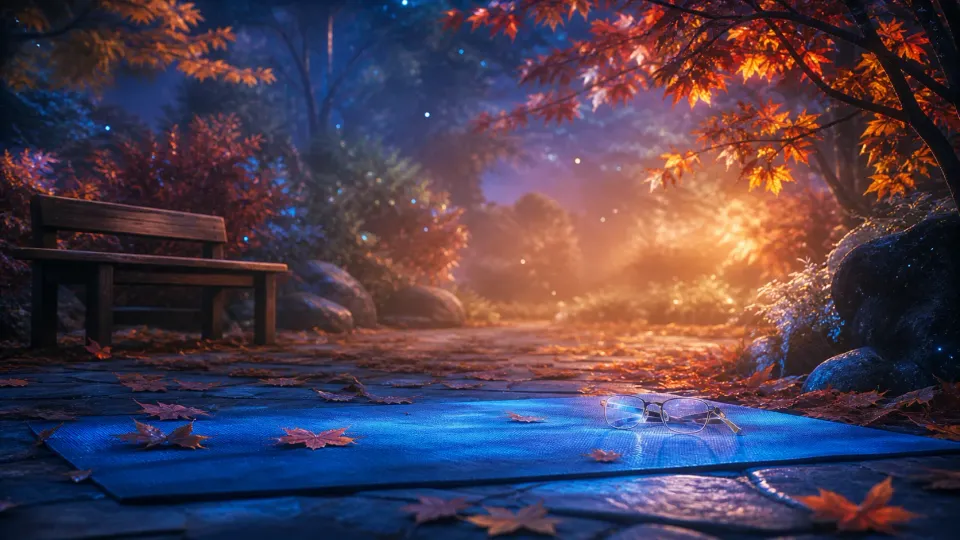 Autumn park bench by a leaf-strewn path glowing in warm sunset light beneath red maple trees