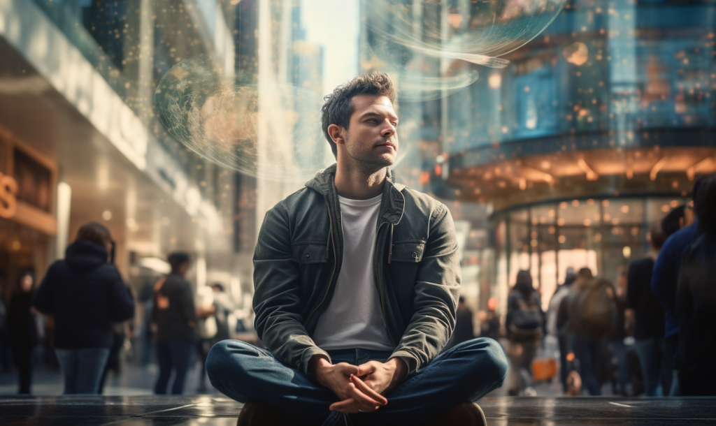 man meditating in a city park