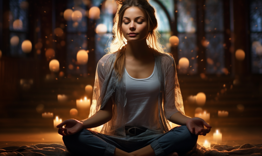 A woman meditating peacefully in a dimly lit room filled with floating candles and a serene ambiance.